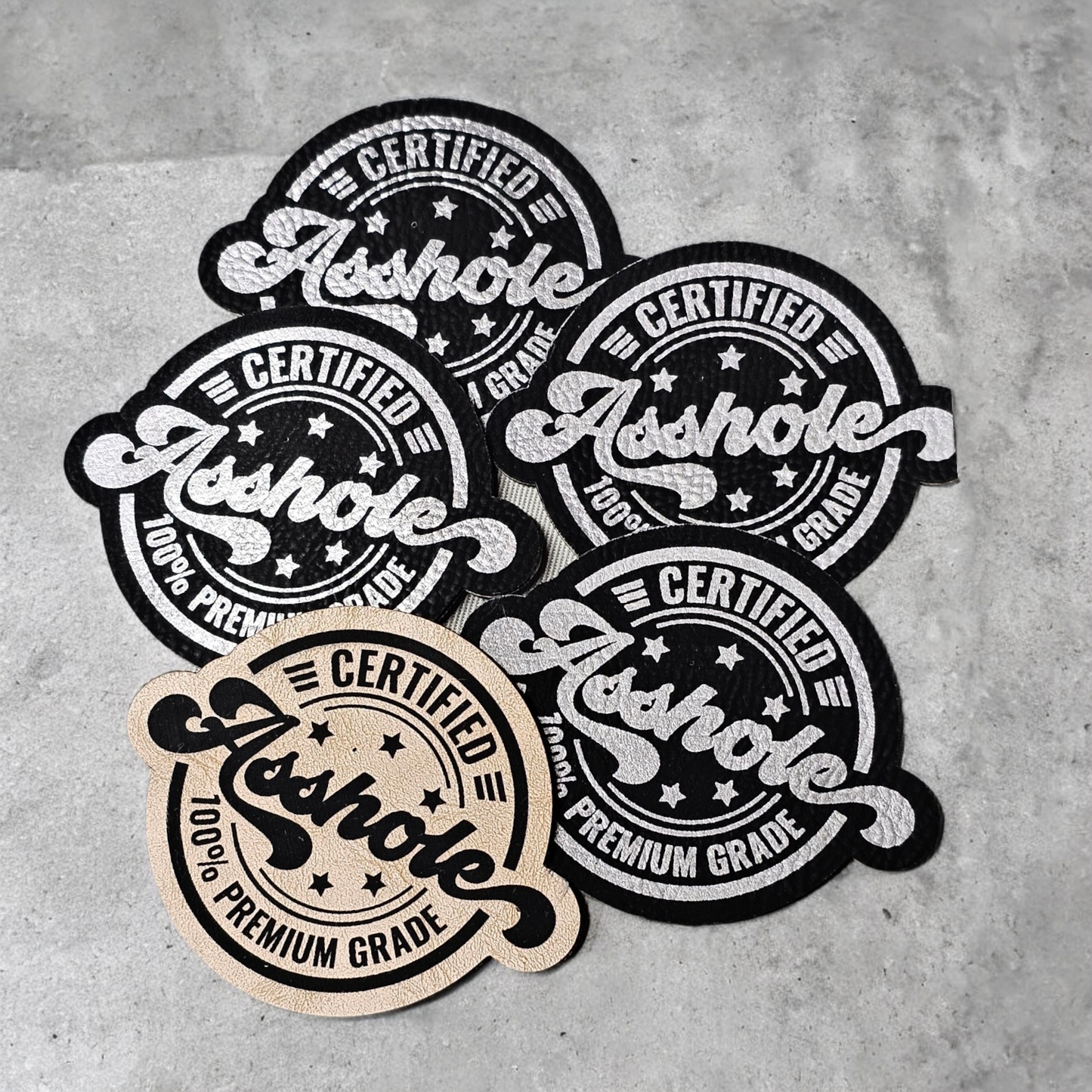 Leatherette Certified Asshole Patches, heat activated patches,  hat patches, snarky patch