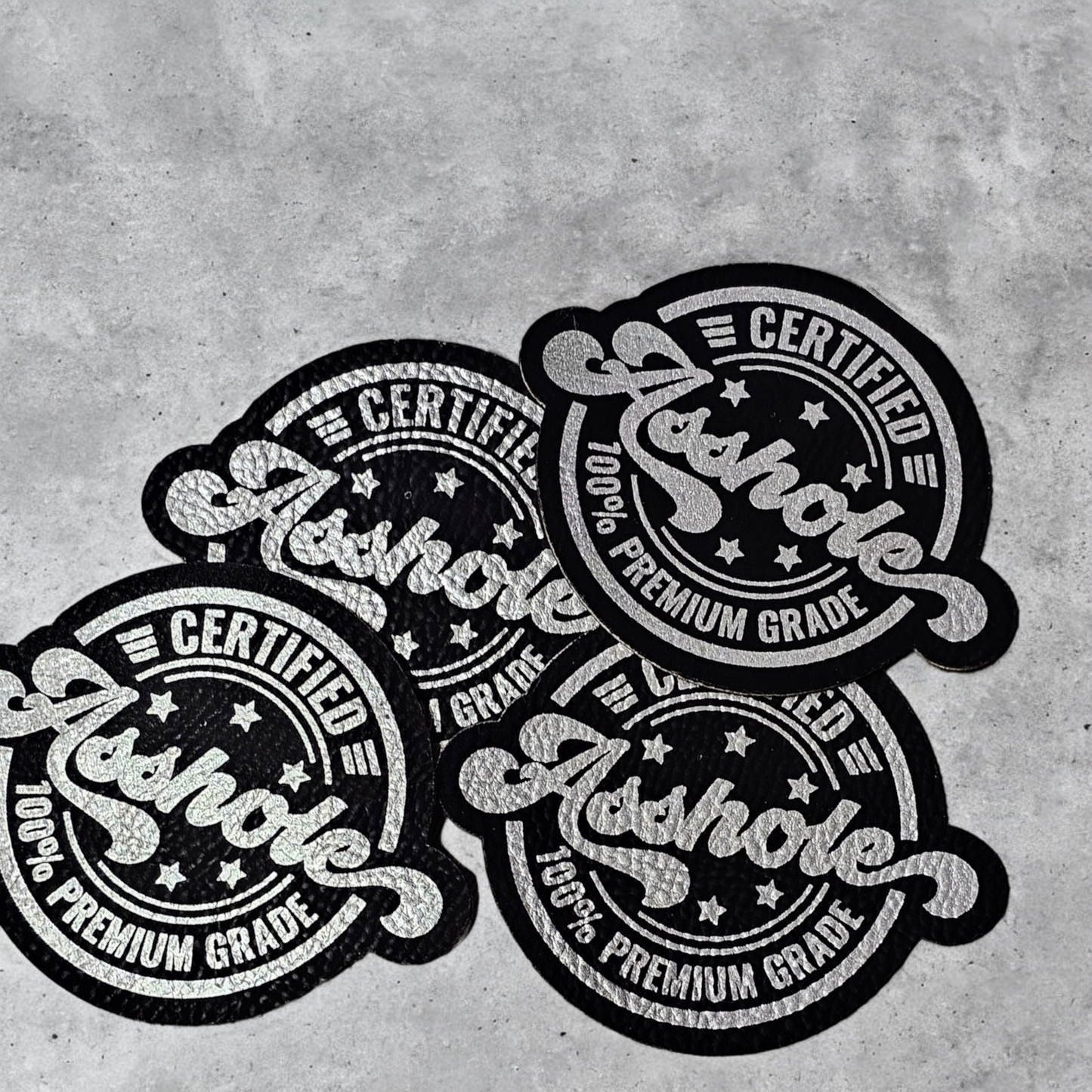 Leatherette Certified Asshole Patches, heat activated patches,  hat patches, snarky patch