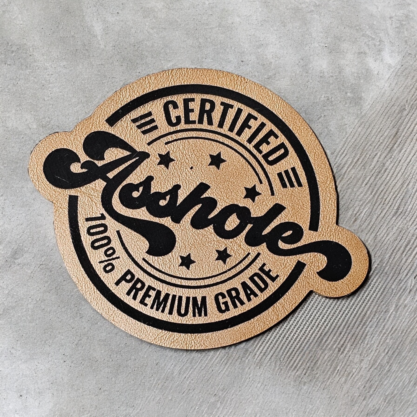 Leatherette Certified Asshole Patches, heat activated patches,  hat patches, snarky patch